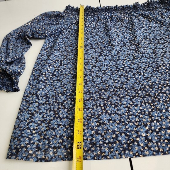 Michael Kors Women’s Blue Gold Off Shoulder Smocked Stretch Semi Sheer Sz L - Picture 9 of 12